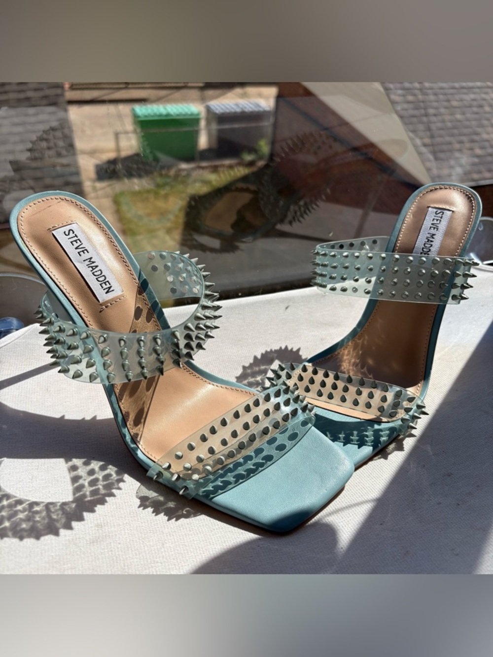 Steve Madden Teal Spiked Clear-Strap Heels